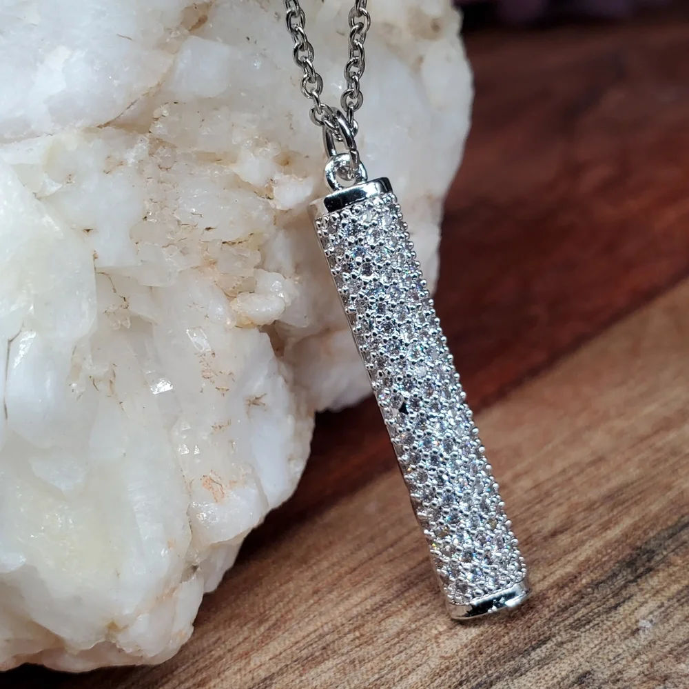 Contemporary Design Pendant Platinum plated Bar White Topaz Pave Dainty Delicate